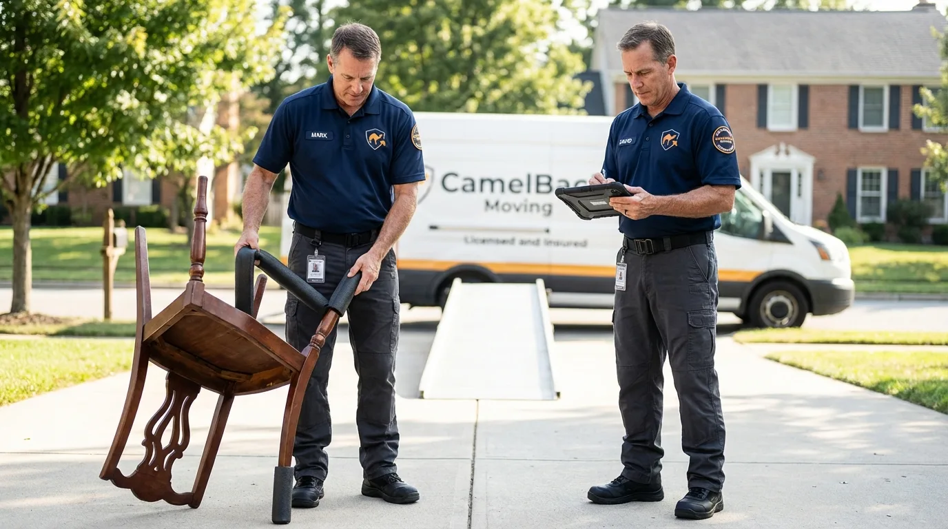 Movers inspecting furniture for damage prevention before loading in Weaver, AL